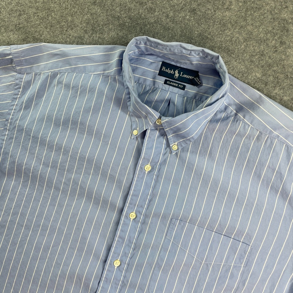 Ralph Lauren Mens Button Down Shirt XXL Blue Striped Short Sleeve Classic Fit